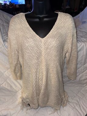 American Rag Beige Fringe V-Neck Sweater Top